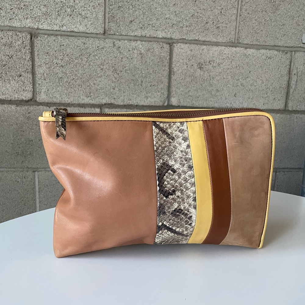 Zara Tan and Yellow Leather Clutch with Snake Accent